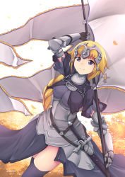 Rule 34 | 1girl, andch24, armor, artist name, black thighhighs, blonde hair, blue eyes, blush, braid, breasts, closed mouth, fate/apocrypha, fate/grand order, fate (series), flag, headpiece, holding, holding flag, jeanne d&#039;arc (fate), jeanne d&#039;arc (ruler) (fate), large breasts, long hair, looking at viewer, smile, solo, thighhighs
