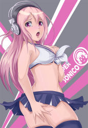 Rule 34 | 1girl, blush, breasts, cheerleader, cleavage, covering privates, covering ass, headphones, highres, large breasts, long hair, looking at viewer, looking back, navel, nitroplus, open mouth, pink eyes, pink hair, skirt, solo, super sonico, tako maru, thighhighs