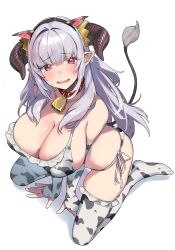Rule 34 | 1girl, animal ears, animal print, bell, blush, breasts, brown horns, cleavage, collar, commentary request, copyright request, cow ears, cow print, cow tail, cowbell, demon girl, demon horns, detached sleeves, fake animal ears, grey hair, highres, horns, kanan-sama wa akumade choroi, large breasts, lillum, long hair, looking at viewer, nonco, open mouth, pointy ears, print sleeves, print thighhighs, red collar, red eyes, simple background, solo, tail, thighhighs, thighs, wavy mouth, white background, white sleeves, white thighhighs