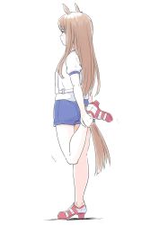 Rule 34 | 1girl, animal ears, ankle grab, blue shorts, blush, brown hair, closed mouth, grass wonder (umamusume), gym shirt, gym shorts, gym uniform, highres, horse ears, horse girl, horse tail, long hair, looking away, profile, puffy short sleeves, puffy sleeves, red footwear, shadow, shirt, shoes, short sleeves, shorts, solo, standing, standing on one leg, tail, umamusume, vent arbre, very long hair, white background, white shirt