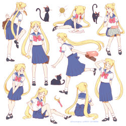 Rule 34 | 1girl, ;p, artist name, bag, bishoujo senshi sailor moon, blonde hair, blue eyes, blue sailor collar, bow, bread, cat, clone, clumsy, covering face, crescent moon, crying, double bun, drawinglee, dressing, food, food in mouth, hair bun, hand on own face, long hair, long skirt, luna (sailor moon), lunchbox, moon, moon stick, multiple views, one eye closed, red bow, sailor collar, school bag, school uniform, serafuku, sitting, skirt, smile, socks, tongue, tongue out, tsukino usagi, twintails, very long hair, wink