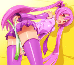 Rule 34 | 1girl, :d, bare shoulders, blush, breasts, covering privates, covering crotch, detached sleeves, food, hatsune miku, holding, holding food, leaning forward, long hair, looking at viewer, looking back, mine (peak), necktie, open mouth, pink hair, red eyes, skirt, small breasts, smile, solo, spring onion, thighhighs, twintails, very long hair, vocaloid
