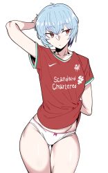 Rule 34 | 1girl, ayanami rei, barclays premier league, blue hair, bow, bow panties, clothes writing, contrapposto, cowboy shot, expressionless, flat chest, gluteal fold, highres, jersey, liverpool fc, looking to the side, nike (company), no pants, panties, pink panties, red eyes, red shirt, shirt, short hair, solo, standing, thigh gap, thighs, underwear, urec, waking up, white background