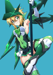 Rule 34 | 1girl, akatsuki kirika, armpits, bare shoulders, blonde hair, blue background, blush, boots, breasts, closed mouth, commentary request, covered erect nipples, covered navel, elbow gloves, gloves, green eyes, headgear, leg up, leotard, looking at viewer, medium breasts, panties, pantyshot, pole, pole dancing, senki zesshou symphogear, shiny clothes, shiny skin, short hair, simple background, skin tight, skirt, smile, solo, striped clothes, striped thighhighs, syunzou, thighhighs, underwear