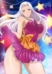 Rule 34 | 00s, 1girl, bare shoulders, breasts, curvy, dress, eyebrows, highres, himiko (ikkitousen), ikkitousen, large breasts, long hair, looking at viewer, official art, purple eyes, short dress, silver hair, solo, standing, thick eyebrows, thick thighs, thighs