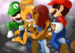 Rule 34 | 2boys, 2girls, anus, ass, ass grab, breasts, bunnie rabbot, camera, cheating (relationship), chipmunk, clothed sex, clothes, crossover, furry, group sex, interspecies, jewelry, luigi, mario, mario (series), multiple boys, multiple girls, nintendo, nipples, overalls, pussy, pussy juice, rabbit, recording, ring, sally acorn, sex, sonic (series), squirrel, super mario bros. 1, the dark mangaka, vaginal, wedding ring