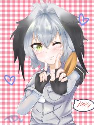 Rule 34 | 10s, 1girl, ;), bad id, bad pixiv id, black gloves, black hair, blush, bodystocking, breast pocket, checkered background, collared shirt, fingerless gloves, gloves, grey hair, grey shirt, hair between eyes, hands up, heart, highres, kemono friends, koi dance, long hair, looking at viewer, low ponytail, multicolored hair, necktie, one eye closed, orange hair, outstretched arm, plaid, plaid background, pocket, shirt, shoebill (kemono friends), short sleeves, side ponytail, smile, solo, sweatdrop, upper body, white necktie, yellow eyes