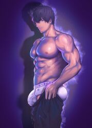 Rule 34 | 1boy, abs, ardbert hylfyst, ass, bara, bulge, covered penis, dressing, feet out of frame, final fantasy, final fantasy xiv, from side, hair between eyes, highres, i&#039;ve never seen a guy recreate this successfully tbh (meme), large pectorals, male focus, male underwear, meme, mikomi 95, muscular, muscular male, nipples, open pants, pants, pants lift, pectorals, short hair, smile, solo, stomach, topless male, undersized clothes, underwear, white male underwear