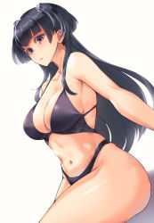 Rule 34 | 1girl, bare arms, bare shoulders, beige background, bikini, black bikini, black hair, breasts, brown eyes, cleavage, closed mouth, collarbone, commentary request, cowboy shot, dutch angle, floral print, hair ornament, hair scrunchie, highleg, highleg bikini, highres, idolmaster, idolmaster shiny colors, large breasts, long hair, looking away, mayuzumi fuyuko, mikel (4hands), navel, print bikini, purple scrunchie, scrunchie, sidelocks, simple background, sitting, solo, stomach, swimsuit, two side up