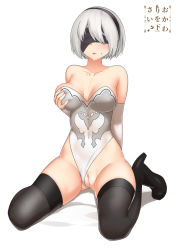 Rule 34 | 1girl, alternate costume, android, artist request, bare shoulders, black hairband, black thighhighs, blindfold, grabbing another&#039;s breast, cleft of venus, clitoris, clothing aside, collarbone, covered navel, cowfee, elbow gloves, female focus, gloves, grabbing, hair ornament, hairband, highres, kneeling, leotard, leotard aside, mole, mole under mouth, nier (series), nier:automata, pussy, shiny skin, short hair, silver hair, sitting, solo, thighhighs, uncensored, underwear, 2b (nier:automata)