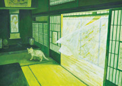 Rule 34 | aoi mari, architecture, cat, curtains, east asian architecture, green theme, indoors, lantern, no humans, original, perspective, scenery, shouji, sliding doors, standing, tatami, vase