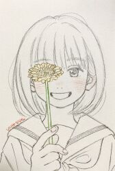 Rule 34 | 1girl, :d, artist name, blush, covering own eyes, flower, graphite (medium), greyscale, grin, highres, holding, holding flower, long bangs, long sleeves, looking at viewer, medium hair, monochrome, neckerchief, open mouth, original, sailor collar, shinomiya nanase, shirt, sidelocks, smile, solo, spot color, straight-on, teeth, traditional media, yellow flower