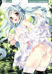 Rule 34 | 1girl, :d, absurdres, ass, bare shoulders, black eyes, clothes lift, dress, dress lift, glasses, green hair, highres, kamiya maneki, lace, lace-trimmed legwear, lace trim, leaning forward, long hair, looking at viewer, open mouth, original, panties, see-through, smile, solo, thighhighs, twintails, underwear, wet, wet clothes, white panties, white thighhighs