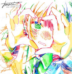 Rule 34 | 1girl, artist name, blush, cardigan, collared shirt, colorful, fingernails, hands up, hatching (texture), heart, heart hands, highres, long sleeves, looking at viewer, necktie, one eye covered, original, parted lips, school uniform, shirt, signature, solo, upper body, watanabe tomari, watermark