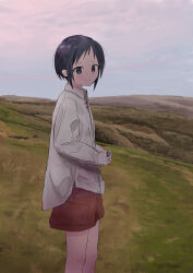 Rule 34 | 1girl, absurdres, alternate costume, black eyes, black hair, camera, cloud, cloudy sky, collared shirt, commentary request, expressionless, feet out of frame, from side, grass, highres, hill, holding, holding camera, horizon, kurosaki honoka, long sleeves, looking at viewer, looking to the side, outdoors, parted lips, red shorts, s hoji (lagh), shirt, short hair, shorts, sky, solo, standing, twilight, white shirt, yama no susume