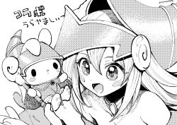 Rule 34 | 1girl, :d, amezawa koma, bare shoulders, blush, blush stickers, dark magician girl, duel monster, greyscale, hat, highres, long hair, monochrome, open mouth, smile, staff, tagme, translation request, upper body, wand, wizard hat, yu-gi-oh!, yu-gi-oh! duel monsters