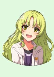 Rule 34 | 1girl, :d, collarbone, commentary request, curtained hair, eiyuu densetsu, eyelashes, green background, green hair, highres, jacket, kea (eiyuu densetsu), konohannunopencil, long hair, open clothes, open jacket, open mouth, simple background, smile, solo, upper body, white jacket, yellow eyes, zero no kiseki