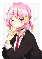 Rule 34 | 1girl, bad id, bad pixiv id, black choker, black jacket, choker, closed mouth, clover, collared shirt, commentary request, four-leaf clover, green hair, hair between eyes, hands up, heart, highres, jacket, long hair, long sleeves, looking at viewer, multicolored hair, nail polish, necktie, one eye closed, open clothes, open jacket, original, pink hair, pink nails, purple eyes, red necktie, sakuragi ren, shirt, solo, streaked hair, upper body, white shirt