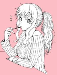 Rule 34 | 1girl, ^^^, bare shoulders, eating, food, greyscale, greyscale with colored background, idolmaster, idolmaster cinderella girls, long hair, monochrome, nigou, ohtsuki yui, pink background, pocky, ponytail, simple background, solo, sweater