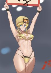 Rule 34 | 1girl, absurdres, adapted costume, armpits, arms up, ashiomi masato, bikini, blonde hair, blue eyes, breasts, cowboy shot, fur hat, grey background, guilty gear, guilty gear strive, hat, highres, holding, holding sign, large breasts, layered bikini, long hair, looking at viewer, millia rage, navel, round girl, sign, smile, solo, swimsuit, yellow bikini