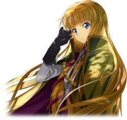 Rule 34 | 1girl, artist request, black gloves, black shirt, blonde hair, blue eyes, blunt bangs, cape, closed mouth, code geass, code geass: lost stories, cropped torso, dappled sunlight, female focus, from side, game cg, gloves, green cape, hair ribbon, hand up, high collar, jacket, long hair, long sleeves, looking at viewer, military uniform, monica kruszewski, non-web source, official art, red ribbon, ribbon, shirt, sidelocks, simple background, solo, standing, sunlight, transparent background, two-sided cape, two-sided fabric, uniform, upper body, v-shaped eyebrows, white jacket