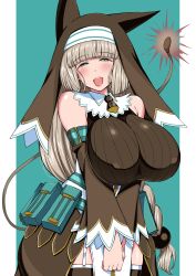 Rule 34 | 1girl, animal ears, bare shoulders, blush, bombergirl, breasts, brown hair, dress, fake animal ears, green eyes, highres, huge breasts, impossible clothes, komusou (jinrikisha), large breasts, long hair, looking at viewer, nun, open mouth, ribbed sweater, sepia belmont, simple background, smile, solo, sweater, thighhighs, very long hair