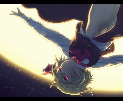 Rule 34 | 1girl, ascot, blonde hair, bow, cowboy shot, dark, glowing, hair bow, kikugetsu, letterboxed, messy hair, outdoors, outstretched arms, red ascot, red eyes, rumia, solo, touhou, upside-down