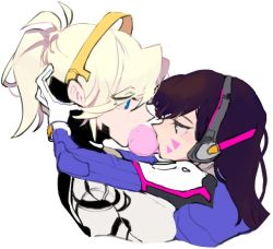 Rule 34 | 2girls, armor, asymmetrical docking, bad id, blonde hair, blue eyes, bodysuit, breast press, breasts, brown eyes, brown hair, blowing bubbles, chewing gum, d.va (overwatch), eyebrows, facial mark, from side, gloves, halo, hand on another&#039;s head, headgear, headphones, high collar, hug, large breasts, long hair, mechanical halo, mercy (overwatch), multiple girls, mwo imma hwag, overwatch, overwatch 1, pauldrons, pilot suit, ponytail, profile, shoulder armor, shoulder pads, simple background, turtleneck, upper body, whisker markings, white background, white gloves, yuri