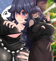 Rule 34 | 1girl, @ @, absurdres, ahoge, bare shoulders, black skirt, blush, breasts, christmas tree, close-up, clothing cutout, creatures (company), female focus, game freak, hairband, hex maniac (pokemon), highres, huge breasts, jewelry, looking at viewer, maki ikazuya, matching hair/eyes, nail polish, necklace, nintendo, open mouth, pokemon, pokemon xy, purple eyes, purple hair, shoulder cutout, skirt, solo, sweater, turtleneck, turtleneck sweater