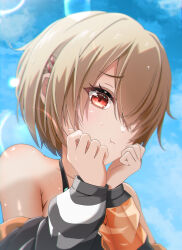 Rule 34 | 1girl, :t, absurdres, asaba touka, bare shoulders, blonde hair, blue sky, clenched hands, close-up, closed mouth, commentary request, day, eyelashes, hair ornament, hair over one eye, hairclip, hands up, heaven burns red, highres, kayamori ruka, light blush, long sleeves, looking at viewer, one eye covered, outdoors, pout, red eyes, short hair, sky, solo, sweat, tsurime