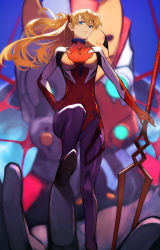 Rule 34 | &gt;:(, 1girl, bident, blonde hair, blue eyes, blurry, blurry background, bodysuit, closed mouth, day, depth of field, eva 02, eyepatch, feet out of frame, floating hair, from below, hair between eyes, hair ornament, hand on own hip, highres, interface headset, lance of longinus (evangelion), legs, long hair, mecha, neon genesis evangelion, outdoors, plugsuit, polearm, red bodysuit, robot, serious, solo, souryuu asuka langley, spear, standing, stepping, unworn eyepatch, v-shaped eyebrows, weapon, wind, yoshio (55level)