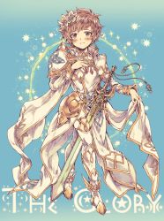 Rule 34 | 1boy, absurdres, armor, armored boots, blue background, boots, brown eyes, brown hair, character name, closed mouth, cosplay, flower, glorybringer (granblue fantasy), gold trim, gran (granblue fantasy), granblue fantasy, hair flower, hair ornament, highres, knights of glory, looking at viewer, male focus, megashi (anko mugen), pauldrons, shoulder armor, side slit, simple background, smile, solo, sword, the glory (cosplay), weapon, white armor