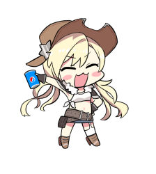 Rule 34 | 1girl, ^ ^, armpits, belt, blonde hair, boots, breasts, can, chibi, closed eyes, colt revolver (girls&#039; frontline), cowboy hat, fur trim, girls&#039; frontline, hat, long hair, midriff, navel, nemoga, pepsi, simple background, skirt, solo, white background