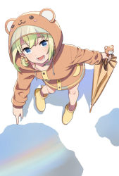 Rule 34 | 1girl, :3, animal costume, animal ears, bear costume, bear ears, blue eyes, boots, from above, green eyes, hood, hood up, looking at viewer, mattaku mousuke, open mouth, original, pointing, puddle, raincoat, rubber boots, solo, umbrella, white background