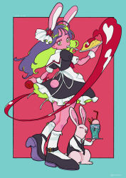Rule 34 | 1girl, absurdres, animal ears, apron, black dress, black footwear, black hair, blue background, bobby socks, bottle, cherry, closed eyes, colored inner hair, commentary request, cup, dress, drink, drinking straw, eyelashes, fake animal ears, fake tail, food, frilled dress, frills, fruit, full body, green eyes, green hair, hair ornament, hand up, highres, holding, holding bottle, holding tray, kasu (itudemo game), ketchup, ketchup bottle, long hair, looking at viewer, looking back, maid, maid apron, mary janes, mouth hold, multicolored hair, open mouth, original, pocket, puffy short sleeves, puffy sleeves, rabbit, rabbit ears, rabbit tail, red background, ribbon, shoes, short sleeves, simple background, smile, socks, solo, standing, star (symbol), star hair ornament, tail, thick eyebrows, tray, two-tone background, two-tone hair, waist apron, white apron, white ribbon, white socks, wrist cuffs