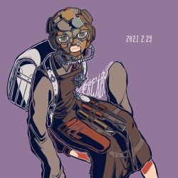 Rule 34 | 1boy, apron, backpack, bag, brown apron, commentary request, danganronpa (series), danganronpa another episode: ultra despair girls, dated, frown, invisible chair, jacket, kemuri jataro, kiri (2htkz), long sleeves, looking at viewer, male focus, mask, oversized clothes, pants, purple background, screwdriver, simple background, sitting, sleeves past fingers, sleeves past wrists, solo, tools