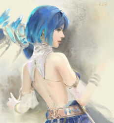 Rule 34 | 1girl, absurdres, back, back tattoo, bangle, belt, blue eyes, blue hair, blue skirt, bracelet, brown belt, chloe (granada espada), commentary, crescent, crescent earrings, detached collar, detached sleeves, earrings, elvafirst, english commentary, from behind, gloves, granado espada, highres, jewelry, lips, looking at viewer, looking back, medium bangs, realistic, short hair, skirt, solo, tattoo, upper body, white gloves, white sleeves
