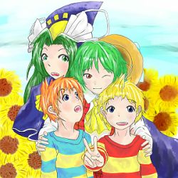 Rule 34 | 2boys, 2girls, artist request, ascot, blonde hair, blush, claus (mother 3), crossover, field, flower, flower field, green eyes, green hair, hat, kazami yuuka, lowres, lucas (mother 3), mima (touhou), mother (game), mother 3, multiple boys, multiple girls, nintendo, orange hair, plaid, plaid vest, red eyes, straw hat, sunflower, sunflower field, touhou, touhou (pc-98), touhou mother, v, vest, wizard hat