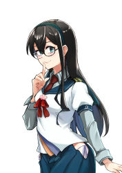 Rule 34 | 1girl, amanattou shigure, black hair, blue sailor collar, blue skirt, commentary request, female focus, finger to mouth, glasses, green eyes, hairband, highres, hip vent, index finger raised, kantai collection, long hair, looking at viewer, necktie, ooyodo (kancolle), panties, red necktie, sailor collar, school uniform, semi-rimless eyewear, serafuku, side-tie panties, simple background, skirt, smile, solo, thighhighs, under-rim eyewear, underwear, white background