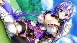 Rule 34 | armor, breasts, cleavage, green eyes, huge breasts, long hair, purple hair, selphine flowlight, tagme, thighhighs, thighs, unionism quartet
