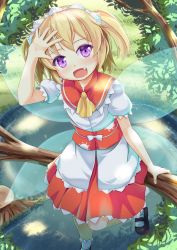 Rule 34 | 1girl, blonde hair, capelet, fairy wings, fang, grass, highres, in tree, looking at viewer, maid headdress, niiya, open mouth, puffy sleeves, purple eyes, river, sash, shirt, short sleeves, sitting, sitting in tree, skirt, smile, solo, sunny milk, touhou, tree, twintails, wings