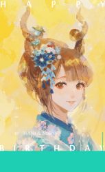 Rule 34 | 1girl, artist name, blue flower, blue kimono, brown eyes, brown hair, dated, floral print, flower, hair flower, hair ornament, hana (asml30), happy birthday, horns, japanese clothes, kimono, looking at viewer, mouse (animal), original, portrait, short hair, smile, solo, yellow background