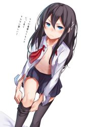 Rule 34 | 1girl, 3:, 3:&lt;, black hair, black thighhighs, blue eyes, blush, dressing, long hair, looking at viewer, navel, open clothes, open mouth, open shirt, original, ray-akila, ray littlechamber, shirt, simple background, skirt, solo, thighhighs, thighhighs pull, translated, v-shaped eyebrows, white background