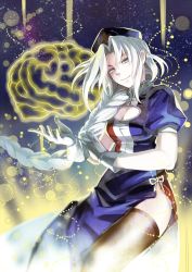 Rule 34 | 1girl, blue dress, braid, brain, breasts, brown thighhighs, cleavage, cleavage cutout, clothing cutout, commentary, dna, dress, female focus, gloves, grey hair, hat, highres, large breasts, long hair, looking at viewer, nurse cap, puffy short sleeves, puffy sleeves, short sleeves, side slit, smile, socha, solo, spell, thighhighs, touhou, very long hair, white gloves, yagokoro eirin, zettai ryouiki