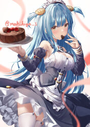 Rule 34 | 1girl, absurdres, apron, azur lane, bare shoulders, blue dress, blue hair, blush, breasts, cake, candy, chocolate, chocolate cake, chocolate heart, cleavage, commentary request, corset, detached collar, detached sleeves, dress, food, food in mouth, frilled apron, frilled dress, frills, garter straps, hair between eyes, hands up, heart, highres, holding, holding tray, long hair, maid headdress, makihige, medium breasts, mouth hold, neptune (azur lane), shell hair ornament, signature, skindentation, solo, thighhighs, thighs, tray, upskirt, valentine, very long hair, waist apron, yellow eyes