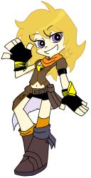 Rule 34 | 1girl, blonde hair, boots, fingerless gloves, gloves, margaritataichou, panty &amp; stocking with garterbelt, parody, purple eyes, resolution mismatch, rwby, shorts, smile, solo, source larger, style parody, transparent background, yang xiao long