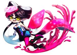 Rule 34 | + +, 1girl, absurdres, altoooooon, ankle boots, artist name, black footwear, black hair, black jumpsuit, boots, breasts, callie (splatoon), cleavage, collar, commentary, detached collar, earrings, fangs, floating, food, food on head, gloves, gradient hair, highres, inkling, jewelry, jumpsuit, leaning forward, long hair, looking at viewer, medium breasts, mole, mole under eye, multicolored hair, nintendo, object on head, open mouth, paint splatter, pantyhose, pointy ears, purple hair, purple pantyhose, short jumpsuit, signature, simple background, smile, solo, splatoon (series), splatoon 1, strapless, sushi, tentacle hair, very long hair, white background, white collar, white gloves, wing collar, yellow eyes
