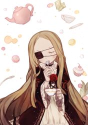Rule 34 | 1girl, berry, blonde hair, choker, closed eyes, cup, dress, eyepatch, flower, food, gwayo, long hair, macaron, rose, saucer, solo, spoon, sugar cube, tea kettle, teacup, teapot, unlight, utensil in mouth, white background