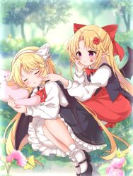 Rule 34 | 2girls, bat wings, black skirt, black vest, blonde hair, blush, bow, cheek poking, commission, dress, elis (touhou), facial mark, flower, forest, hair bow, hair flower, hair ornament, hairband, hand on own cheek, hand on own face, highres, kurumi (touhou), long hair, long sleeves, multiple girls, nature, open mouth, pointy ears, poking, puffy long sleeves, puffy sleeves, purple eyes, red skirt, ribbon, shirt, skeb commission, skirt, sleeping, squatting, star (symbol), suspender skirt, suspenders, touhou, touhou (pc-98), tree, vest, white hairband, white shirt, wings, yurufuwa milk