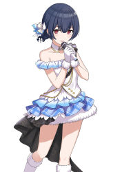 Rule 34 | 1girl, blue hair, blush, collar, frills, fur trim, gloves, hair ornament, hair ribbon, heart, highres, holding, holding microphone, idol clothes, idolmaster, idolmaster shiny colors, looking at viewer, microphone, miniskirt, morino rinze, official art, open mouth, red eyes, ribbon, shoes, short hair, skirt, sleeveless, smile, solo, thighs, white background, white footwear, white gloves, wing ornament
